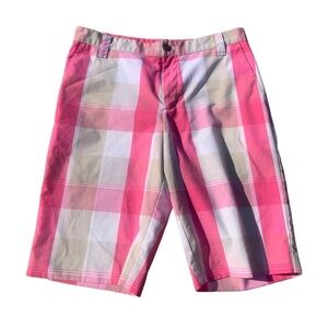 Adidas Men's Plaid Golf Shorts - Pink, White & Khaki - Size 32